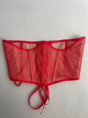 Red Sheer Mesh Underbust Corset Polka Dot Lace Up Boned Handmade S